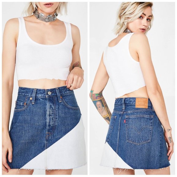 Levi's Dresses & Skirts - Levis Premium Denim Mini Skirt 31 Deconstructed Two Tone Colorblock Raw Hem NWT